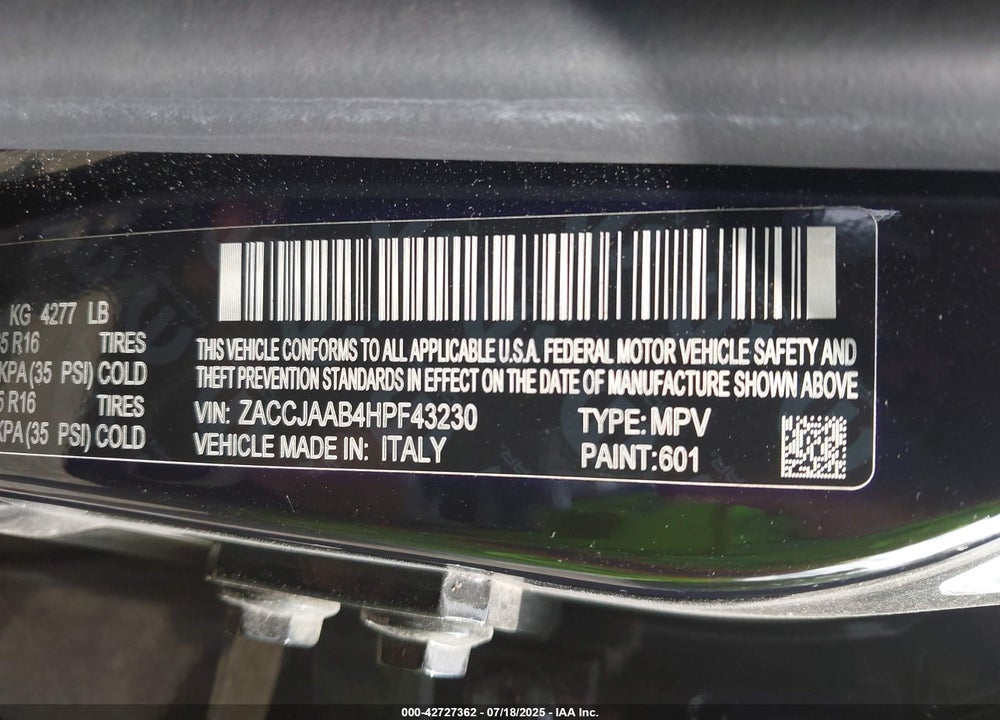 2017 JEEP RENEGADE VIN: ZACCJAAB4HPF43230