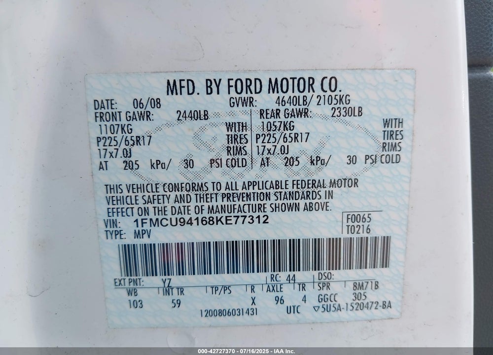 2008 FORD ESCAPE VIN: 1FMCU94168KE77312