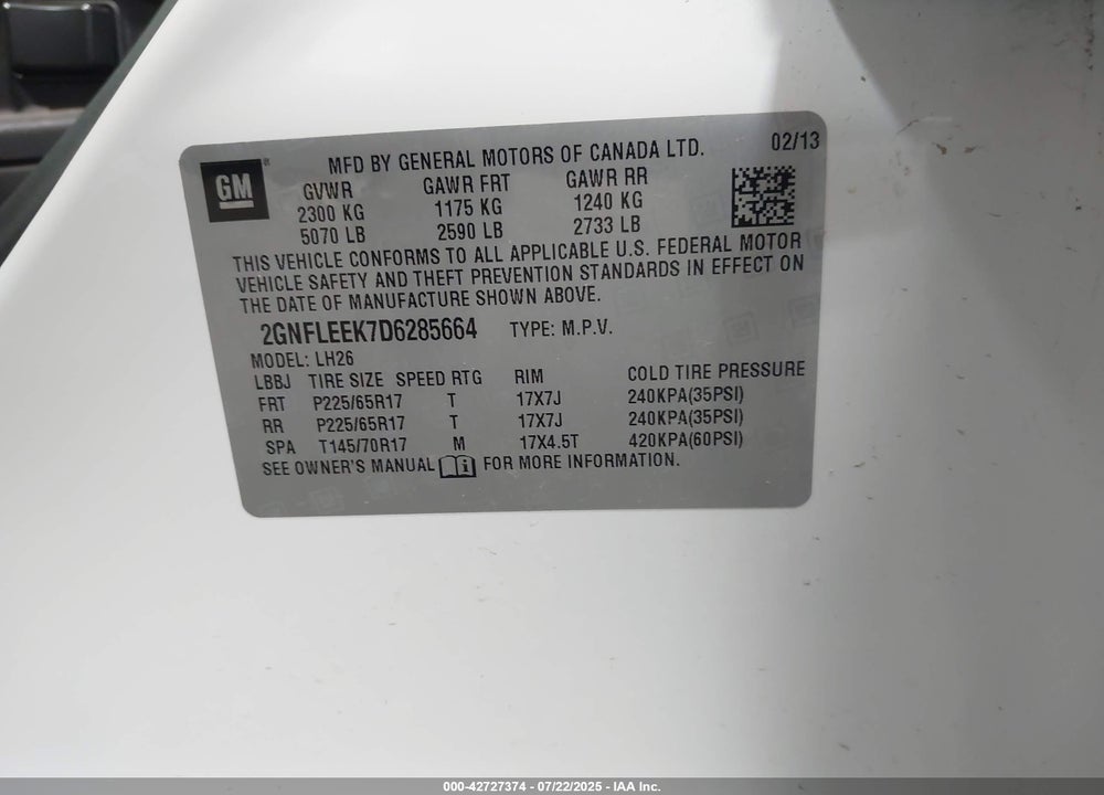 2013 CHEVROLET EQUINOX VIN: 2GNFLEEK7D6285664