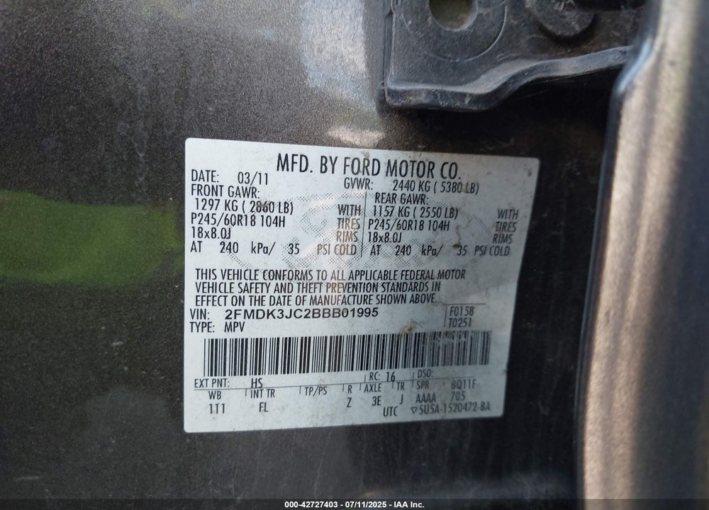 2011 FORD EDGE VIN: 2FMDK3JC2BBB01995