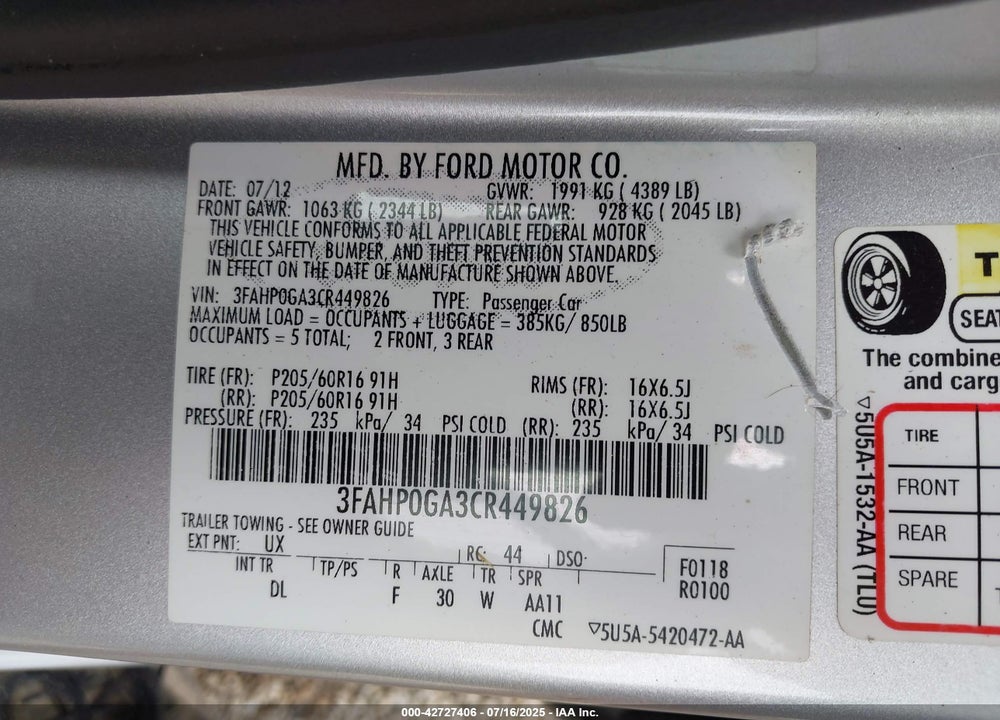 2012 FORD FUSION VIN: 3FAHP0GA3CR449826