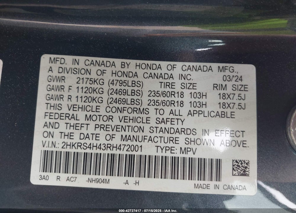 2024 HONDA CR-V VIN: 2HKRS4H43RH472001