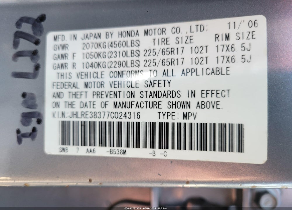2007 HONDA CR-V LX VIN: JHLRE38377C024316
