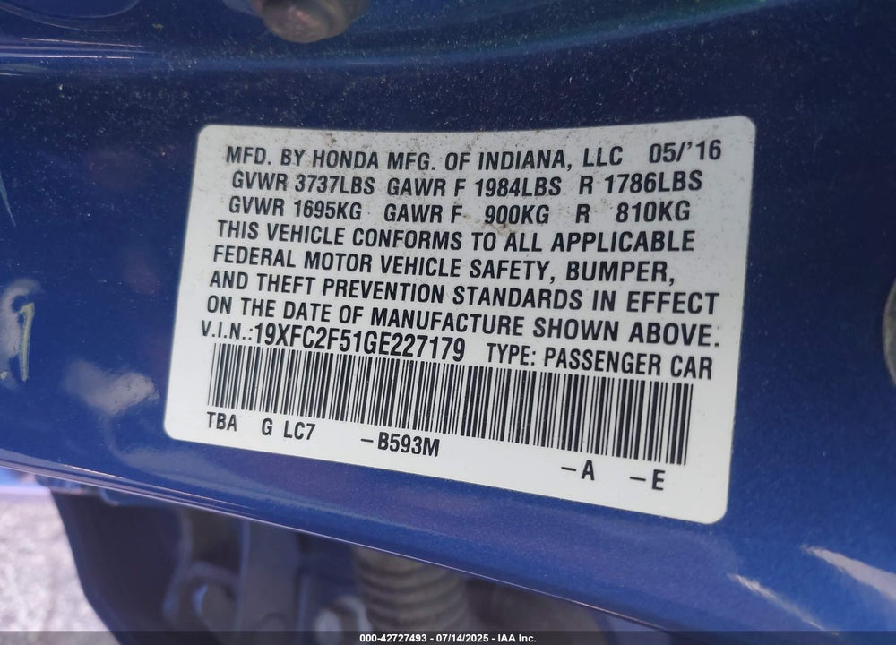 2016 HONDA CIVIC VIN: 19XFC2F51GE227179