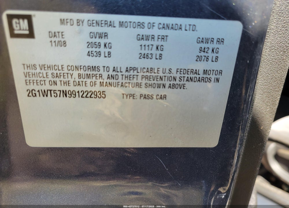 2009 CHEVROLET IMPALA LT VIN: 2G1WT57N991222935