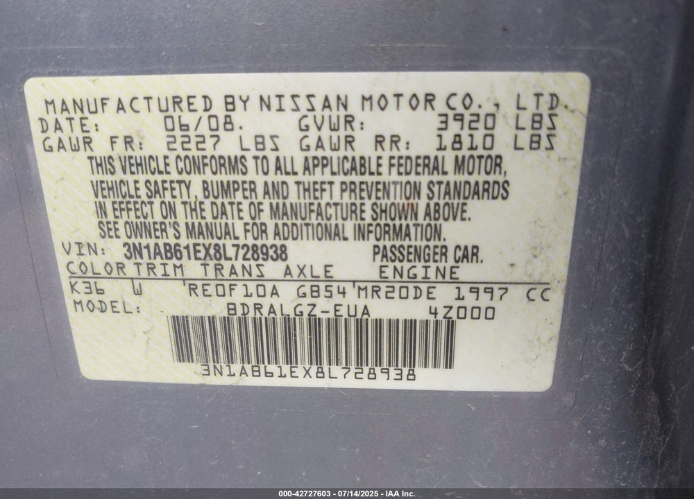 2008 NISSAN SENTRA VIN: 3N1AB61EX8L728938