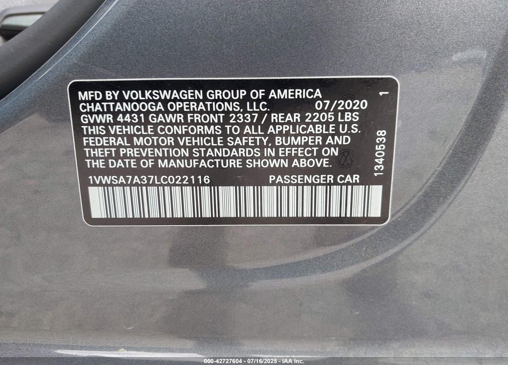 2020 VOLKSWAGEN PASSAT VIN: 1VWSA7A37LC022116