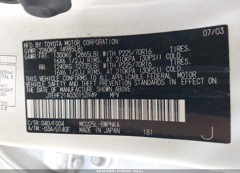 2003 TOYOTA HIGHLANDER VIN: JTEHF21A030153949