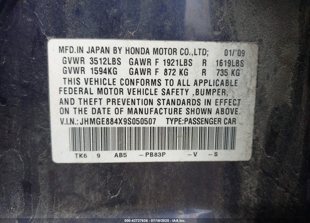 2009 HONDA FIT SPORT VIN: JHMGE884X9S050507