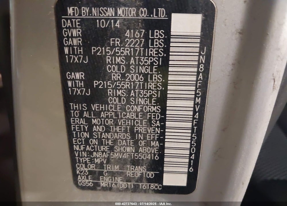 2015 NISSAN JUKE VIN: JN8AF5MV4FT550416