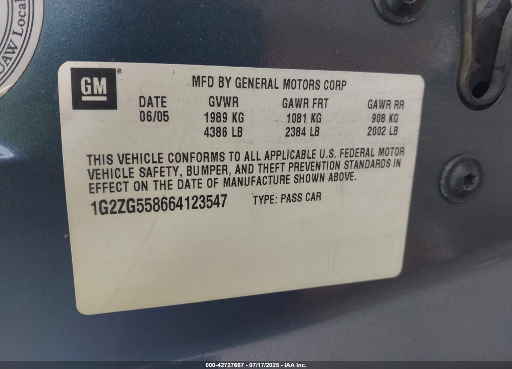 2006 PONTIAC G6 VIN: 1G2ZG558664123547