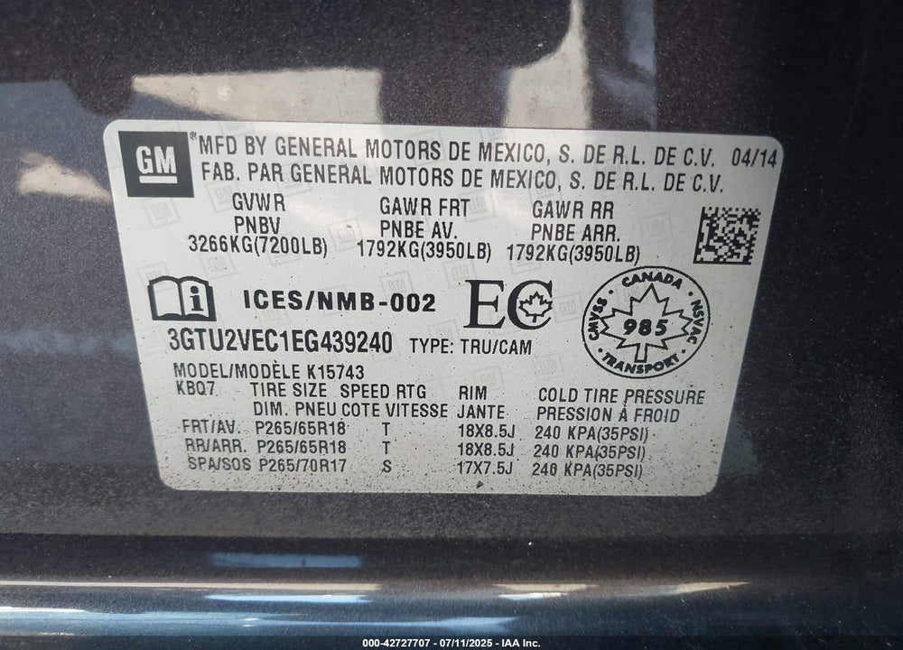 2014 GMC SIERRA 1500 VIN: 3GTU2VEC1EG439240