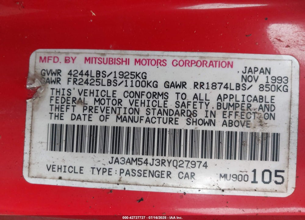 1994 MITSUBISHI 3000 GT VIN: JA3AM54J3RY027974