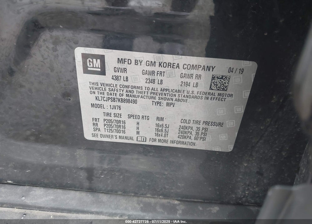 2019 CHEVROLET TRAX VIN: KL7CJPSB7KB898490