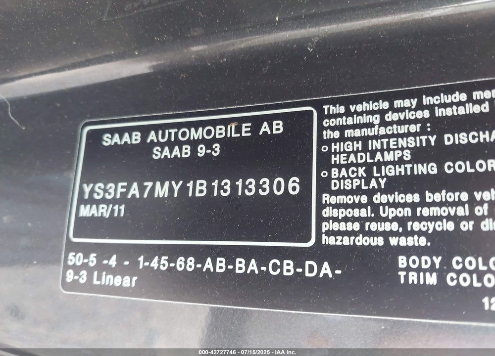 2011 SAAB 9 3 VIN: YS3FA7MY1B1313306