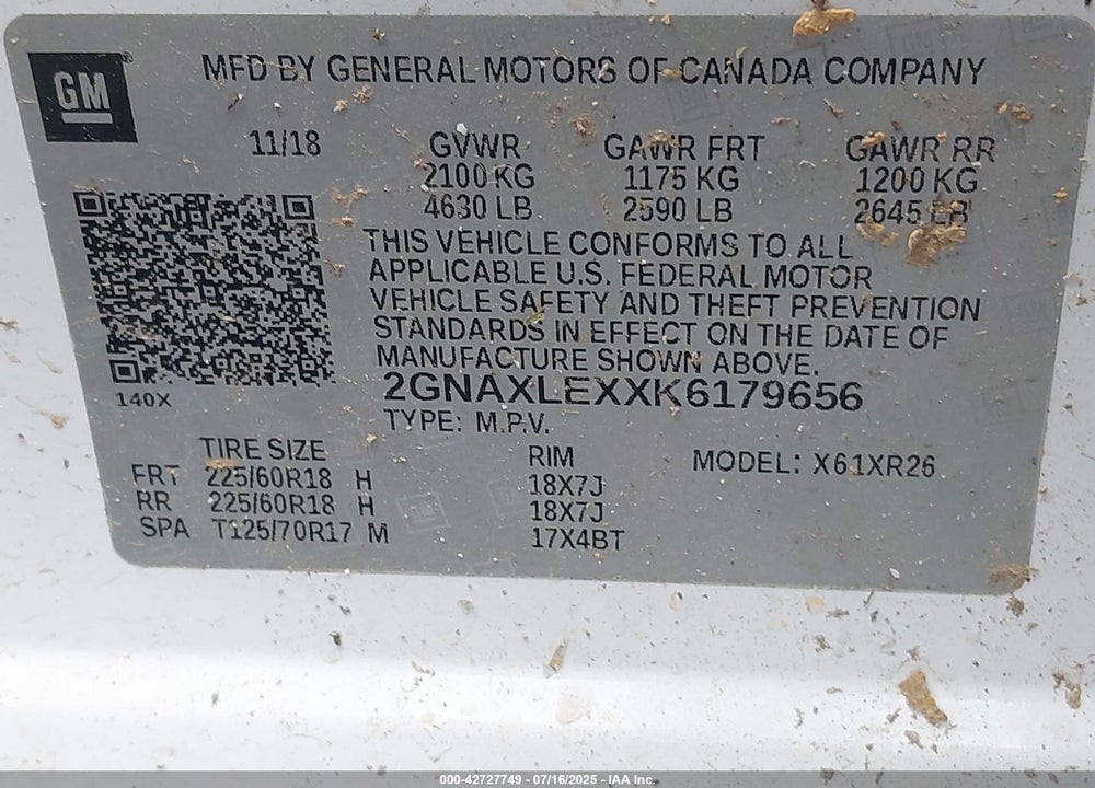 2019 CHEVROLET EQUINOX VIN: 2GNAXLEXXK6179656