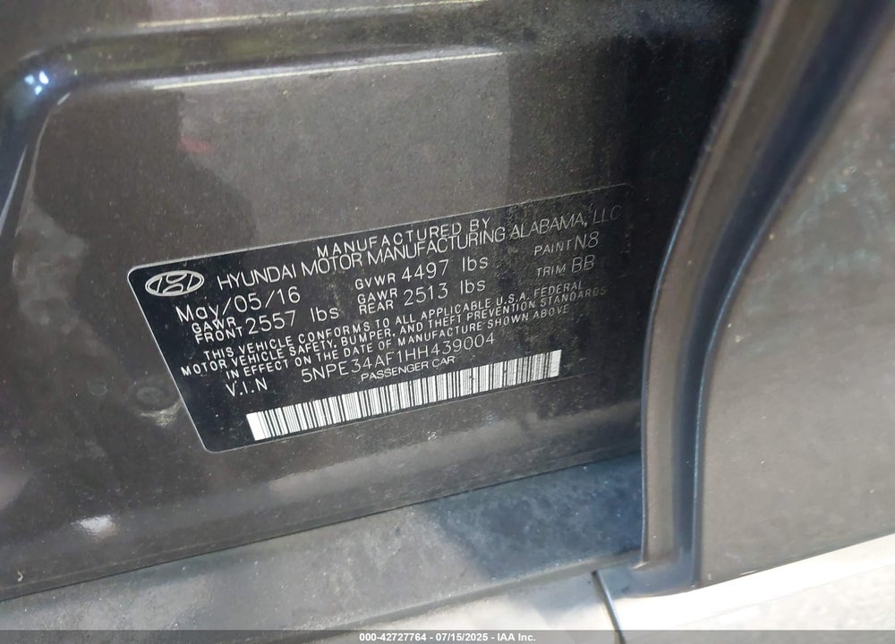2017 HYUNDAI SONATA VIN: 5NPE34AF1HH439004