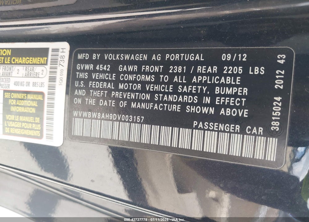 2013 VOLKSWAGEN EOS VIN: WVWBW8AH9DV003157