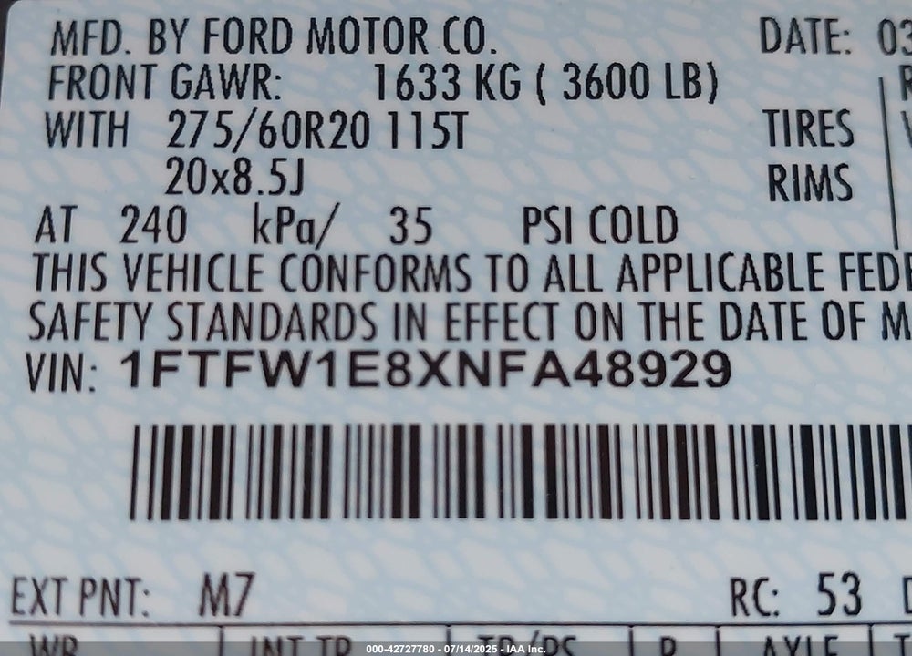 2022 FORD F-150 VIN: 1FTFW1E8XNFA48929