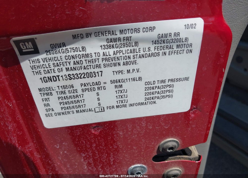 2003 CHEVROLET TRAILBLAZER LTZ VIN: 1GNDT13S332200317
