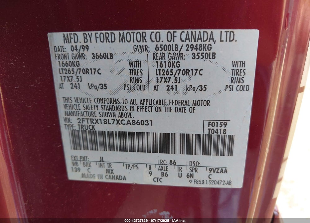1999 FORD F-150 LARIAT/XL/XLT VIN: 2FTRX18L7XCA86031