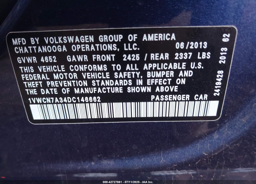 2013 VOLKSWAGEN PASSAT VIN: 1VWCN7A34DC146662