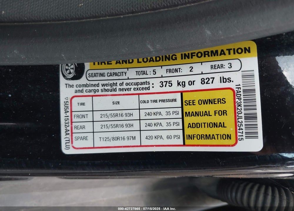 2018 FORD FOCUS VIN: 1FADP3K20JL254715