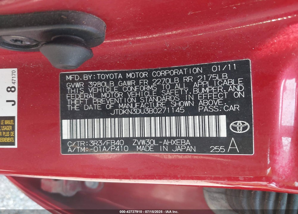 2011 TOYOTA PRIUS VIN: JTDKN3DU3B0271145