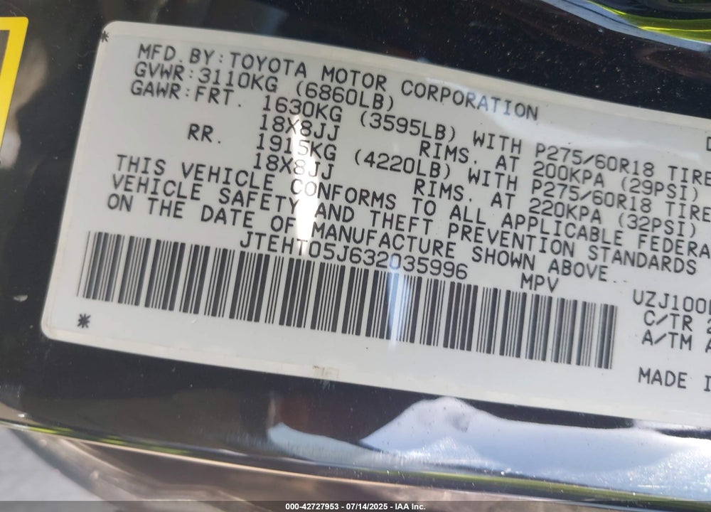 2003 TOYOTA LAND CRUISER VIN: JTEHT05J632035996