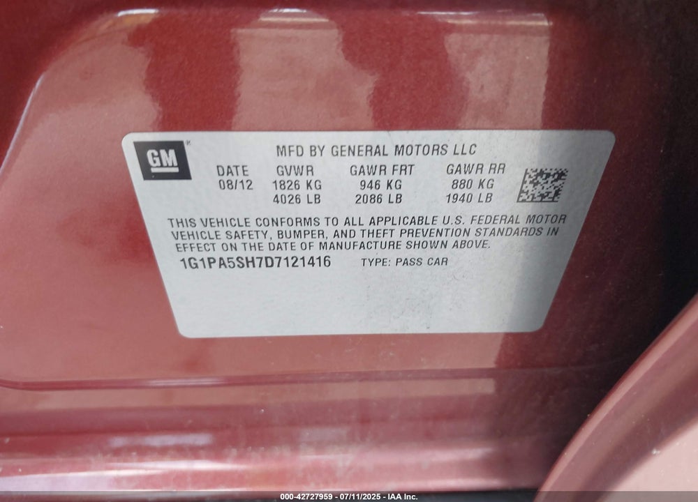 2013 CHEVROLET CRUZE VIN: 1G1PA5SH7D7121416