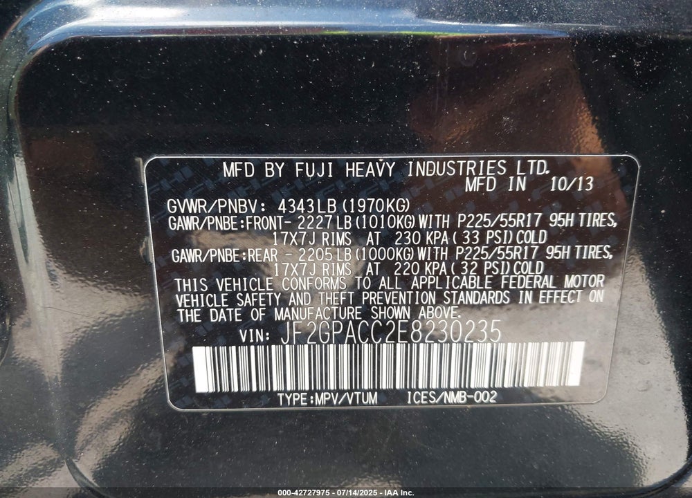 2014 SUBARU XV CROSSTREK VIN: JF2GPACC2E8230235