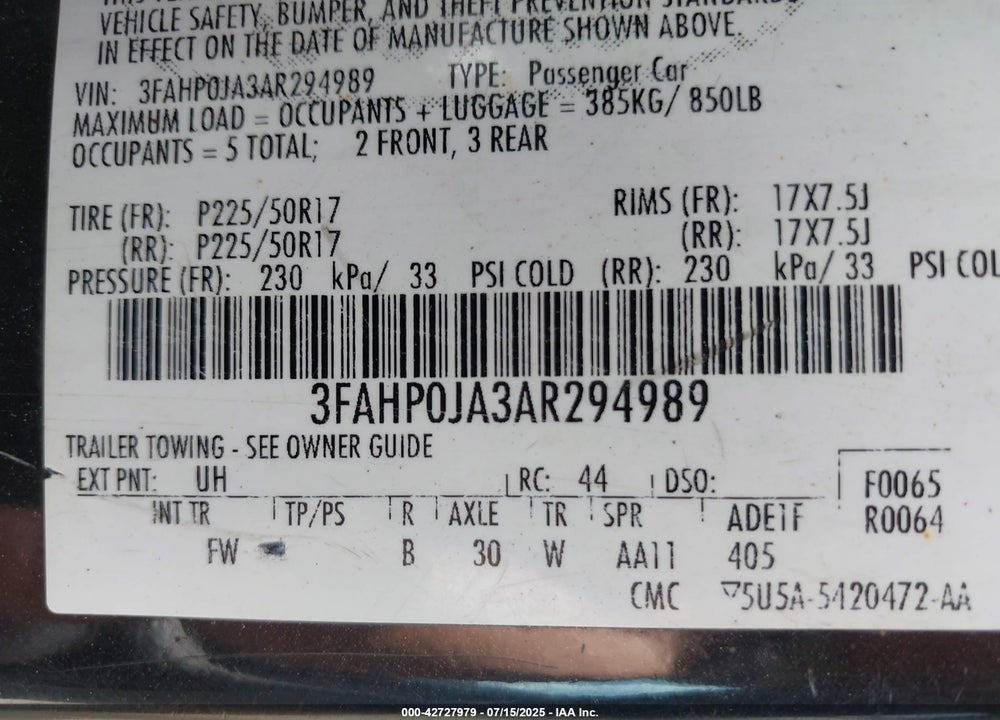 2010 FORD FUSION VIN: 3FAHP0JA3AR294989