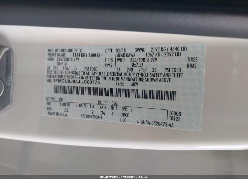2018 FORD ESCAPE TITANIUM VIN: 1FMCU9J94JUC00775