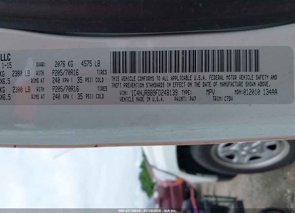 2015 JEEP PATRIOT VIN: 1C4NJRBB9FD248139