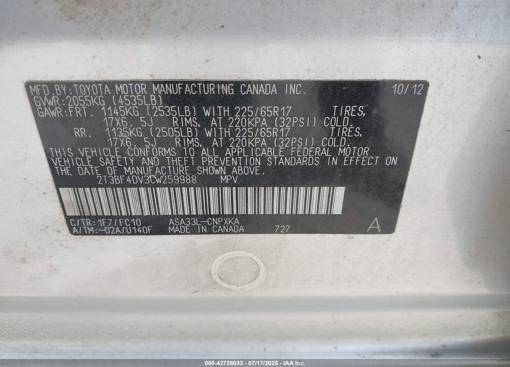 2012 TOYOTA RAV4 VIN: 2T3BF4DV3CW259988