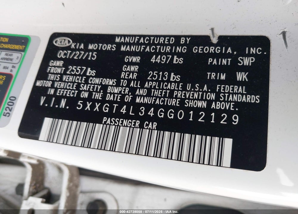 2016 KIA OPTIMA VIN: 5XXGT4L34GG012129