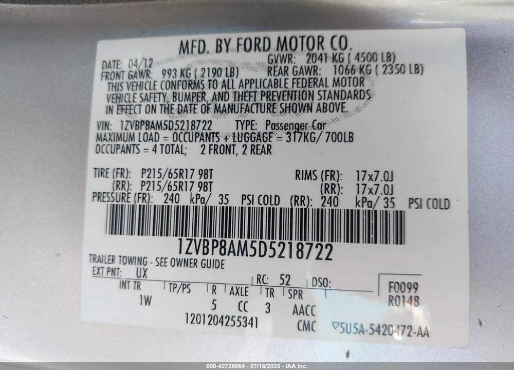 2013 FORD MUSTANG VIN: 1ZVBP8AM5D5218722