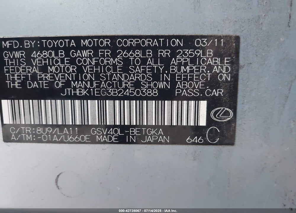 2011 LEXUS ES350 VIN: JTHBK1EG3B2450388