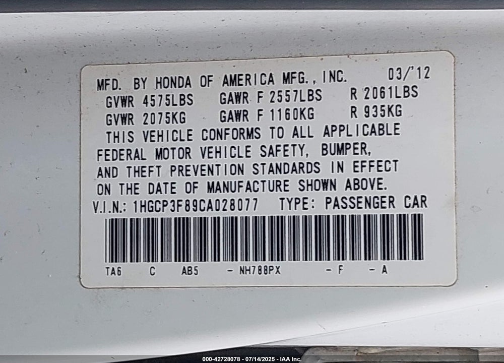 2012 HONDA ACCORD VIN: 1HGCP3F89CA028077