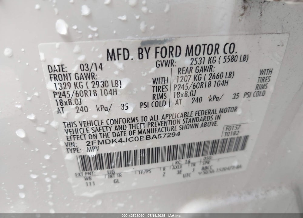 2014 FORD EDGE VIN: 2FMDK4JC0EBA57294