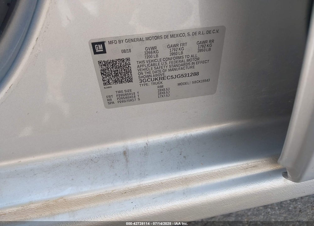 2018 CHEVROLET SILVERADO 1500 VIN: 3GCUKREC5JG531288