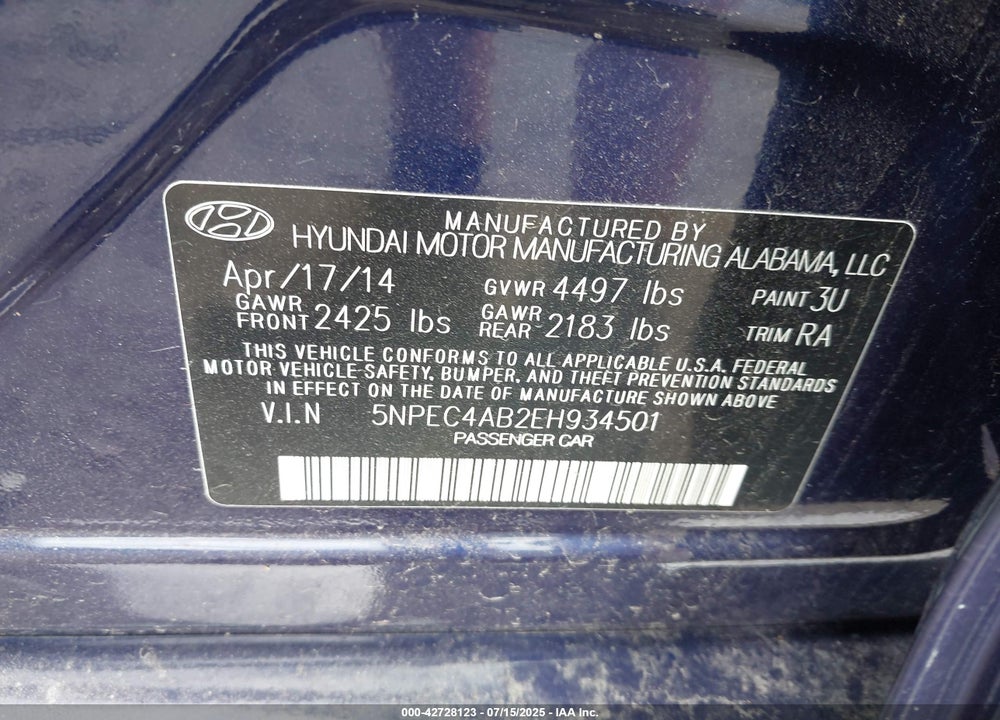 2014 HYUNDAI SONATA VIN: 5NPEC4AB2EH934501