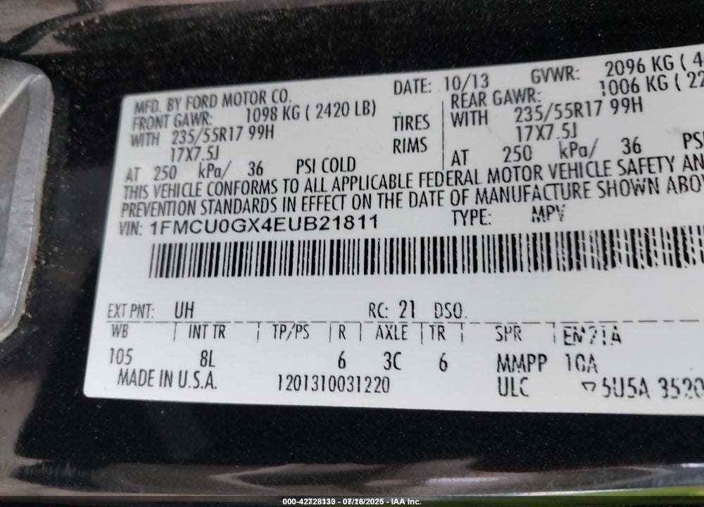 2014 FORD ESCAPE VIN: 1FMCU0GX4EUB21811
