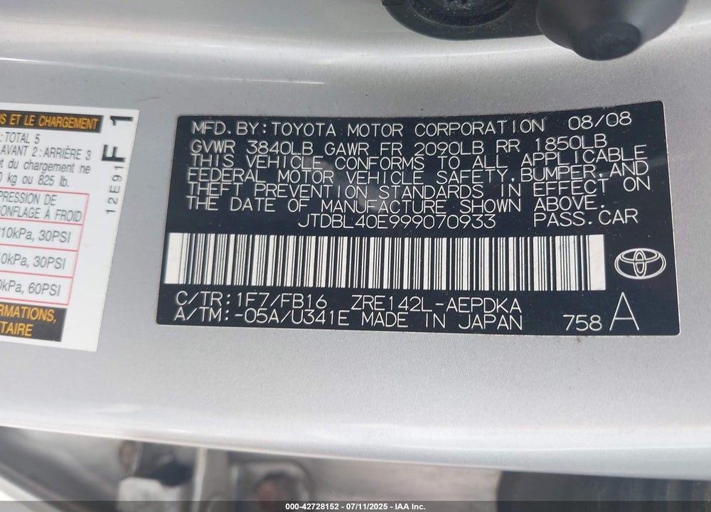 2009 TOYOTA COROLLA VIN: JTDBL40E999070933