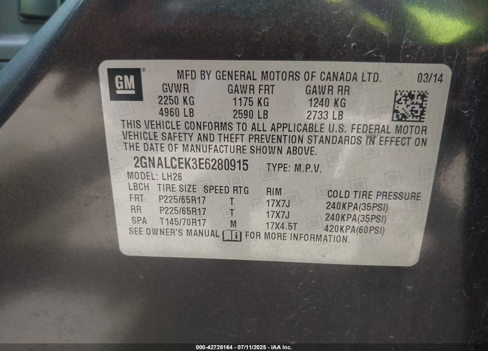 2014 CHEVROLET EQUINOX VIN: 2GNALCEK3E6280915