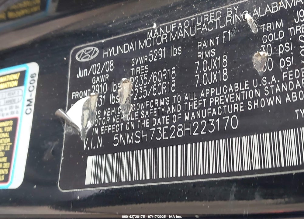 2008 HYUNDAI SANTA FE VIN: 5NMSH73E28H223170