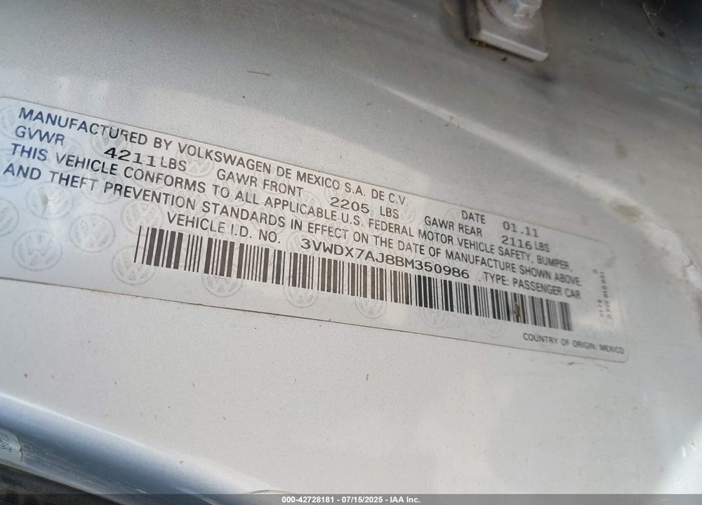 2011 VOLKSWAGEN JETTA 2.5L SE VIN: 3VWDX7AJ8BM350986