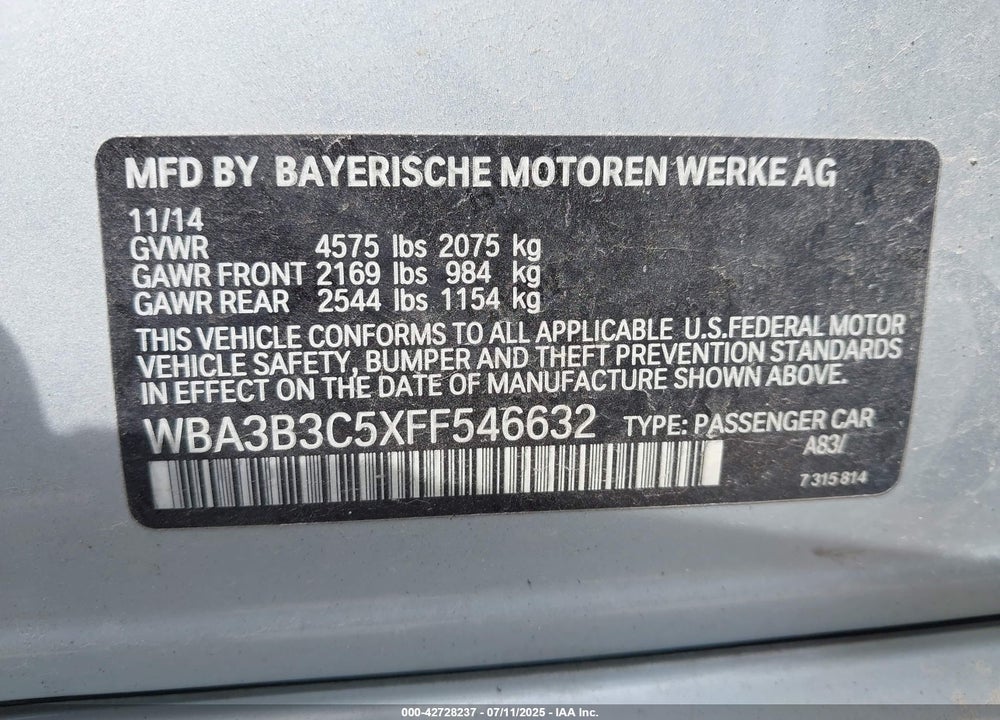 2015 BMW 328I XDRIVE VIN: WBA3B3C5XFF546632