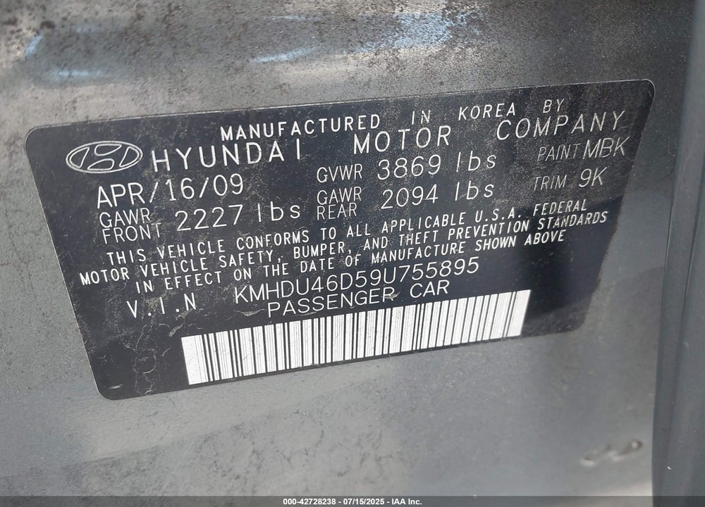 2009 HYUNDAI ELANTRA GLS VIN: KMHDU46D59U755895
