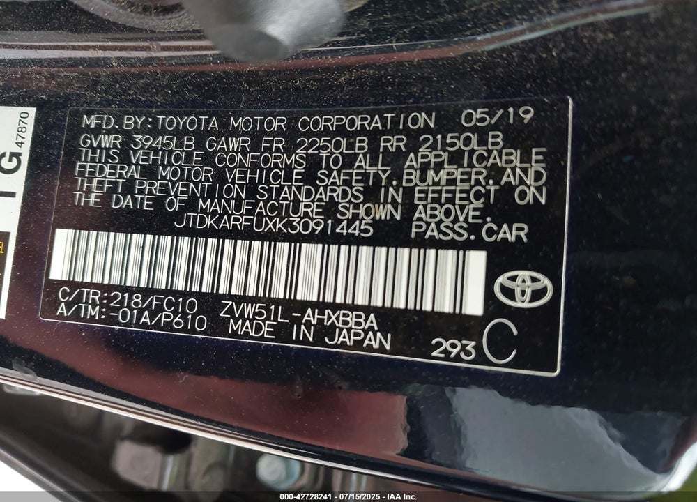 2019 TOYOTA PRIUS VIN: JTDKARFUXK3091445